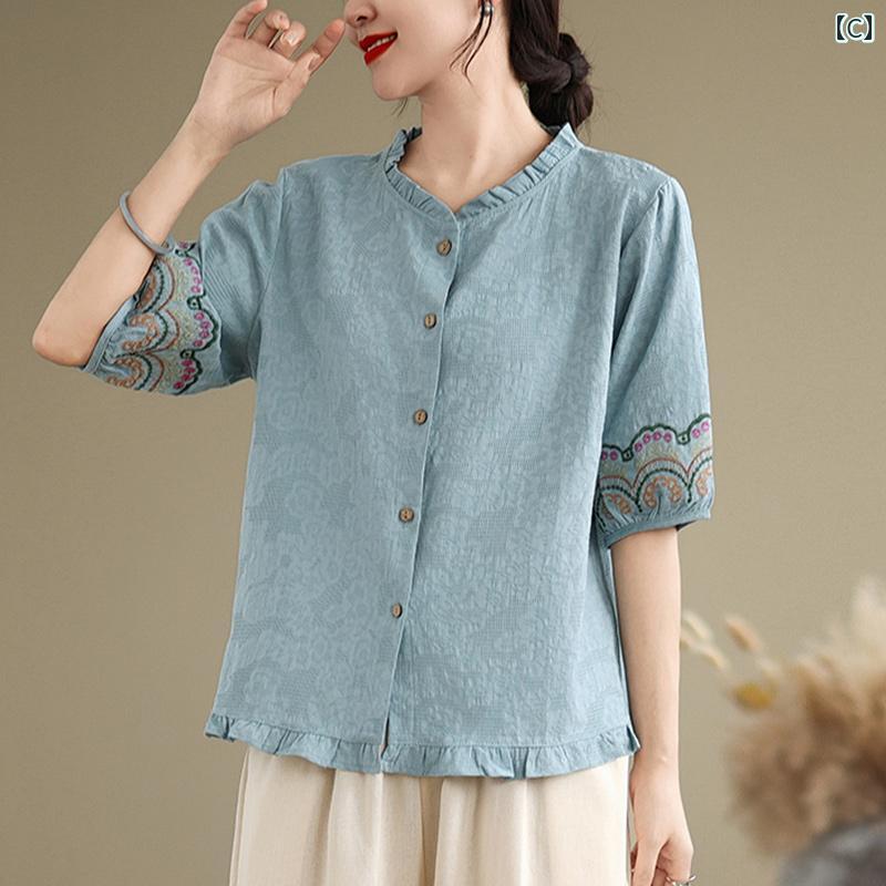 　レディース　シャツ　トップス のお母さんの 綿 麻 半袖 トップス 高級 リネン シャツ 女性用 夏 2025年新 婦人服