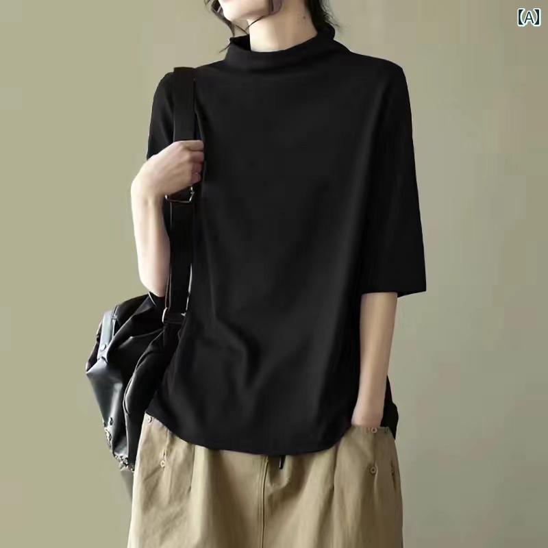 Rakuten - 　レディース　Tシャツ　半袖 100 % コットン 五分袖 レディース トップス 大きいサイズ ゆったり ハーフ ハイネック レトロ 文学 夏 プリント 半袖 Tシャツ