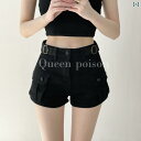 ショートパンツ ハーフパンツ 最後まで クールな ベルト 装飾 ワークウェア デニムショートパンツ レディース 夏 ハイウエスト スリム カジュアル ポケット...