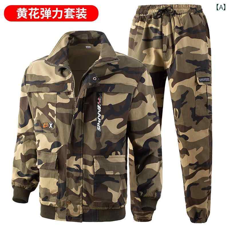 　作業服　セット 綿 作業着 メンズスーツ 春秋 弾性 迷彩 労働 保護 溶接 工 マルチ ポケット カジュアル 大きいサイズ