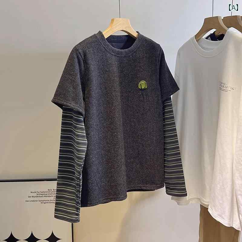 Tシャツ 半袖 センスの ある 女性用 立体 モンスター ぬいぐるみ 長袖 Tシャツ ストライプ 袖の 継ぎ 合わせ ゆったり 万能な 春用 ラウンドネックトップス