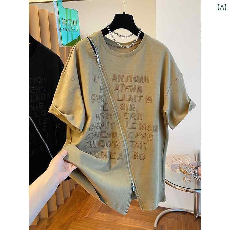 樂天商城 - 　Tシャツ　半袖 アメリカ レトロ 重厚な 刺繍の コットン 半袖 Tシャツ 女性用 夏用 韓国 ゆったり ジッパー トップ
