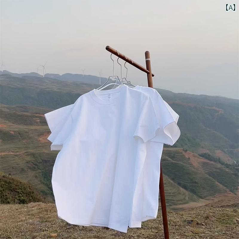 樂天商城 - 　Tシャツ　半袖 250 G 厚手 綿 ホワイト ストレート ショルダー 半袖 Tシャツ 女性 夏 ゆったり 無地 トップス