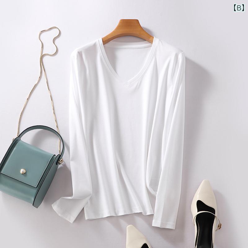 　Tシャツ　半袖 　ウイグル 綿 80 カウント シルケット コットン 長袖 Tシャツ レディース 2025 春 インナー ラウンドネック トップ ホワイト ボトムス