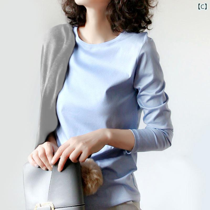 　Tシャツ　半袖 　ウイグル 綿 80 カウント シルケット コットン 長袖 Tシャツ レディース 2025 春 インナー ラウンドネック トップ ホワイト ボトムス