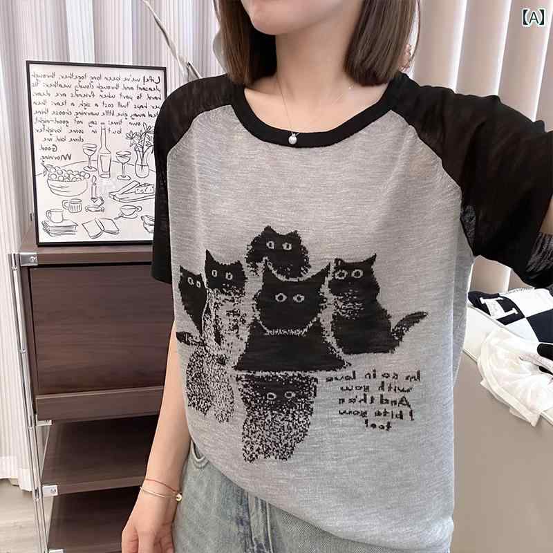 樂天商城 - 　Tシャツ　半袖 猫 竹 綿 Tシャツ レディース 2024 夏 ラウンドネック ゆったり 薄手 通気性 カラーマッチング 半袖 トップス