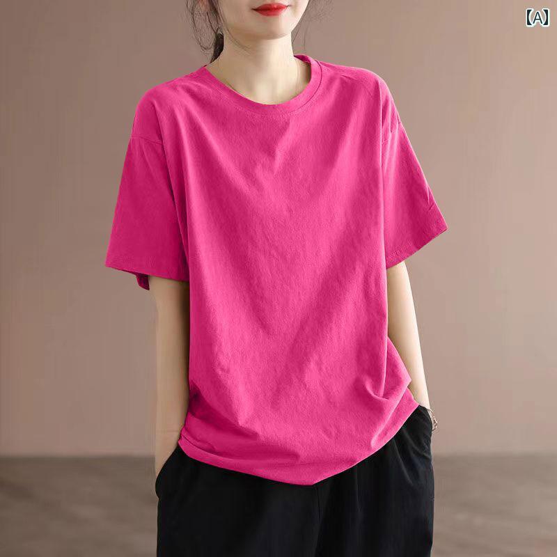 Garments - Tシャツ レディース Tシャツ レディース ローズレッド ラウンドネック 綿 ゆったり 半袖 Tシャツ 女性 2025 春夏 韓国 インナートップ イン