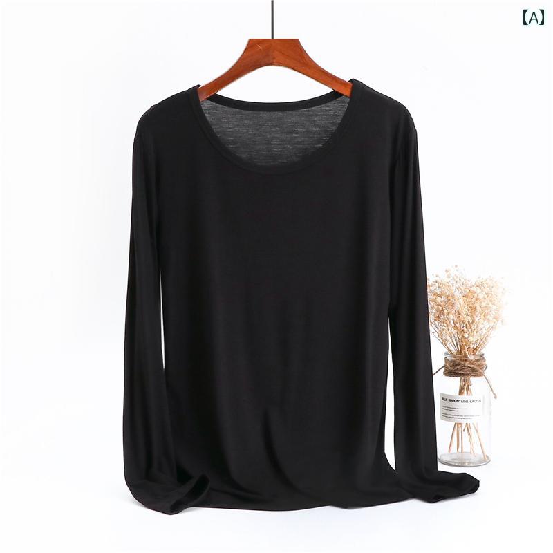 Three-Quarter - 　Tシャツ　半袖 春秋 モダール 長袖 レイヤリング シャツ レディース ラウンドネック カジュアル 大きいサイズ 無地 トップス ゆったり Tシャツ 薄手 秋服