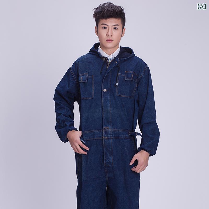 作業着 セット 男性用 ワンピース デニムオーバーオール フード付き 厚手 耐摩耗 通気性 防塵 サンドブラスト 服 溶接 ブルー オーバー オール 労働 保護 服