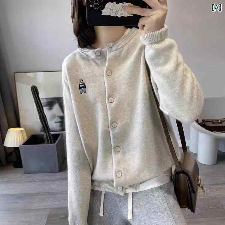 カーディガン トップス レディース カーディガン トップス レディース 韓国 クマの 刺繍 ラウンドネックニットカーディガン レディース ウール セーター ショート 春秋 カジュアル 長袖 ジャケット