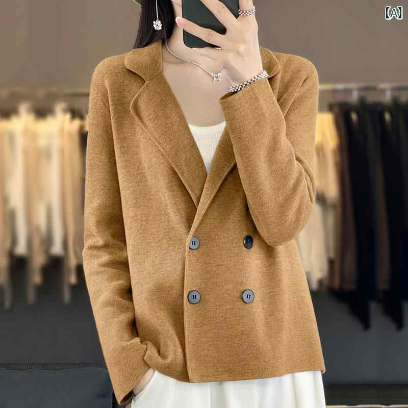 ニット レディース カーディガン ニット レディース カーディガン ダブルブレスト スーツ カラー ウール セーター ジャケット レディース 秋冬 高級 通勤 万能 ニットカーディガン トップス