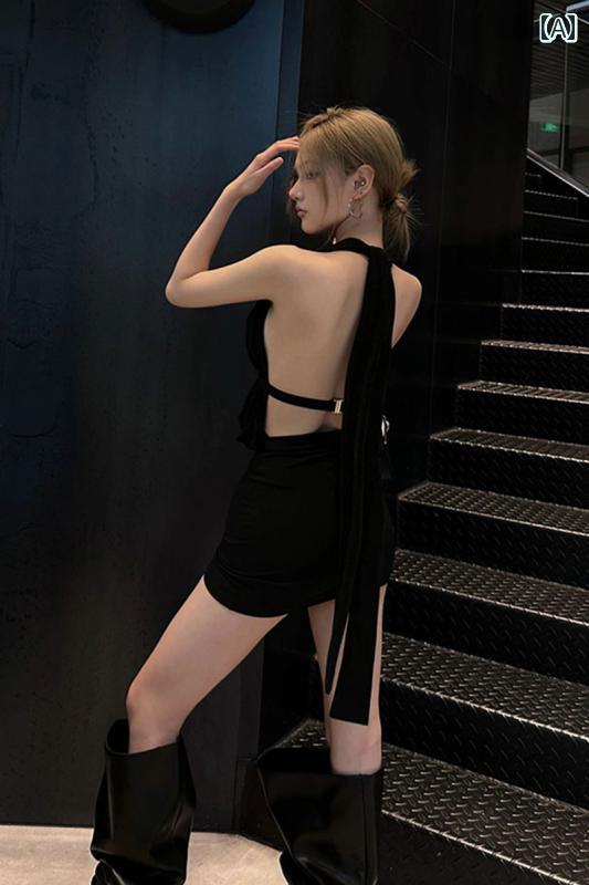 レディース トップス ホルターネック レディース トップス ホルターネック フレンチ リボン ホルターネック バック レス ドレス フェミニン ホット ガール スタイル Vネック スリム ヒップ スカート