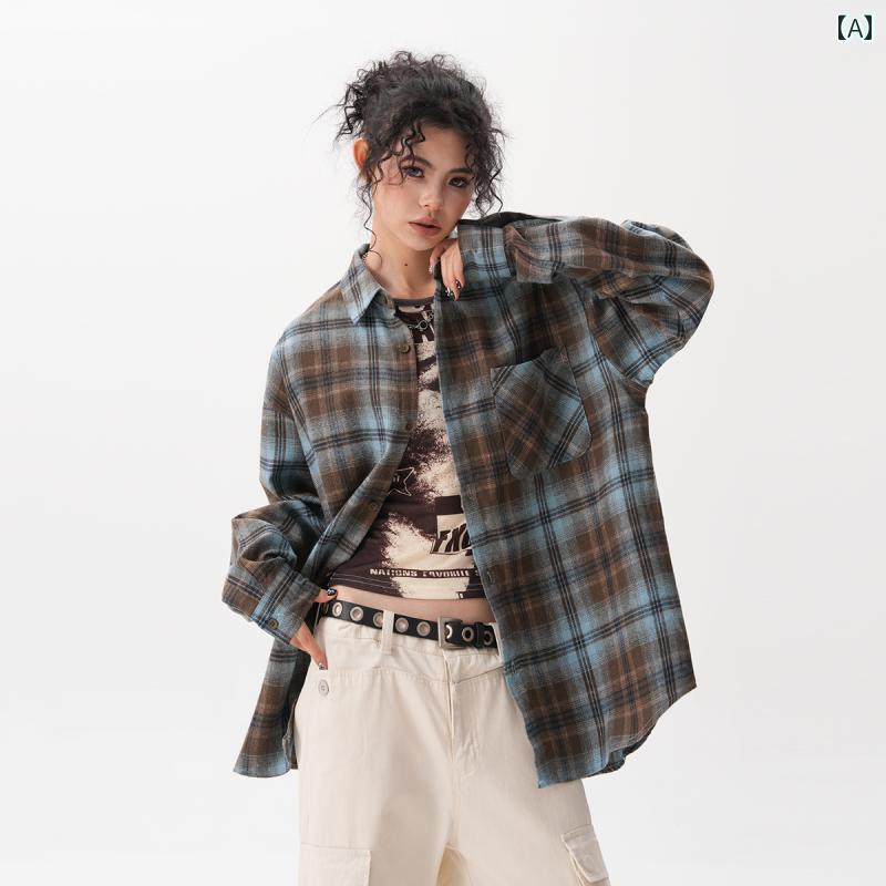 BWKAのアメリカンリトロチェック柄の長袖シャツは男女兼用で秋におすすめ。なシルエットでヴィンテージ感漂うストリートファッション。カップルでお揃いも素敵です。(4)