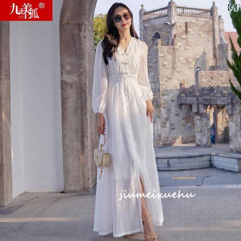 ワンピース ドレス レディース 2025年 レディース 春秋 チャイナ風 ホワイト 足首まで モップ ロング ..