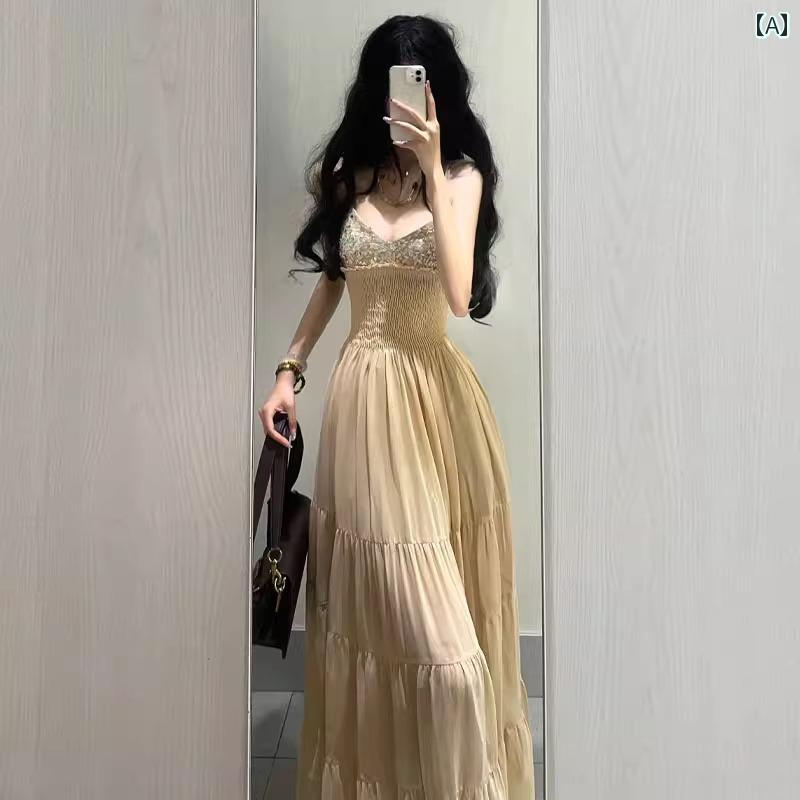 ワンピース ドレス レディース ハイエンド 精巧 スパンコールの サスペンダー ドレス レディース 夏の 誕生日の小さい ドレス ウエスト の フレンチ ロング スカート