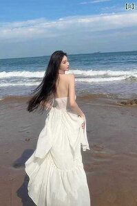 ワンピース ドレス レディース 海辺のリゾートでありながら法国風のロマンチックな雰囲気を存分に味わえるオフショルダーとネックストラップが付いたロマンチックなロングドレス優美なドレープ感を漂わせる仙女風のドレス。