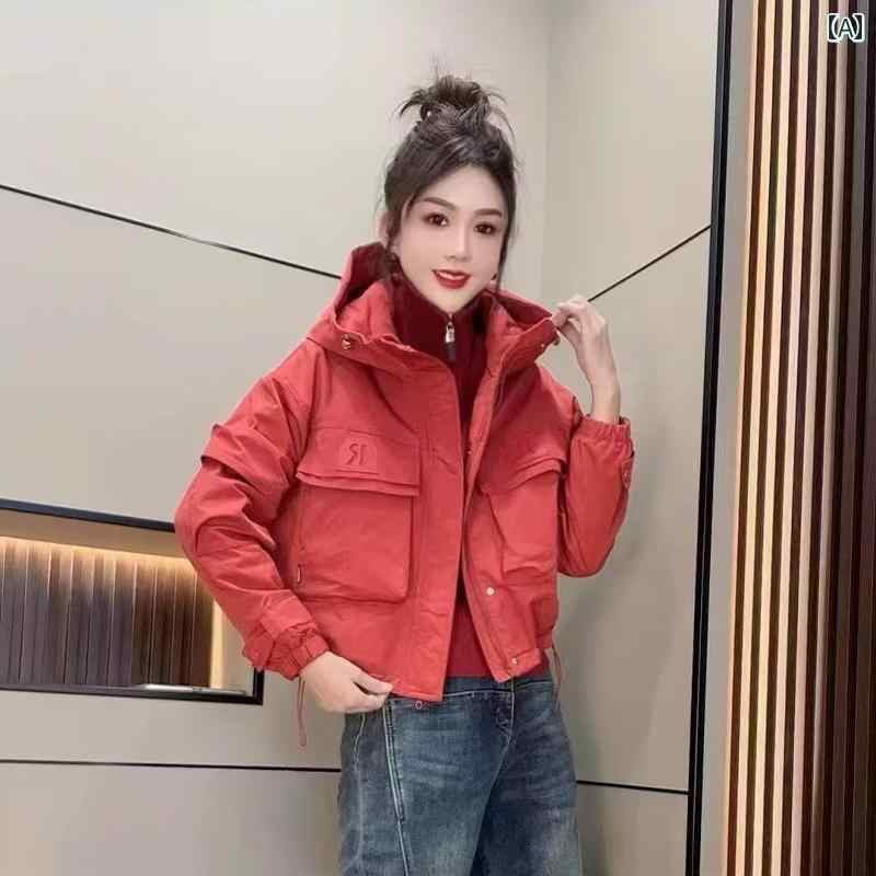 2025春のゆったりとした韓国無地長袖ジャケット。ファッション性の高さアウトドア用のフード付きフロントジッパー。女性らしいトップス。