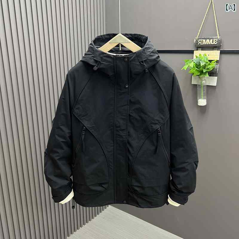 秋フード付きジャケットモード韓国系カジュアルスタイル作業着な無地アウトドアウインドブレーカー。