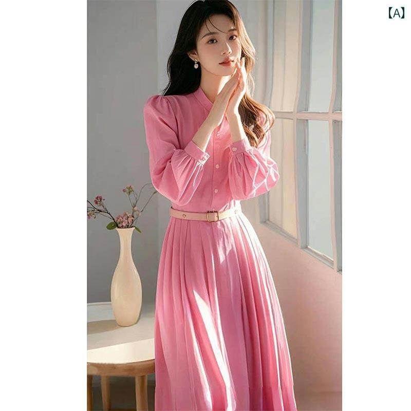 2025年の春にぴったりのエレガントでおしゃれなピンクの連衣裙。性の高さフレンチシックロングスカート。