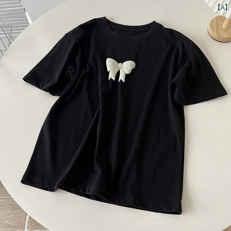 レディース Tシャツ かわいい 立体 リボン 発泡 プリント クルーネック ショートス...