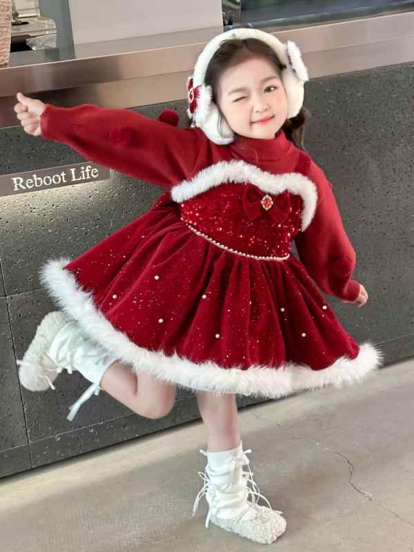 キッズ 女の子 ロリータ プリンセス ドレス 冬用 ふわふわ キャミワンピース 加厚暖か素材 クリスマス..