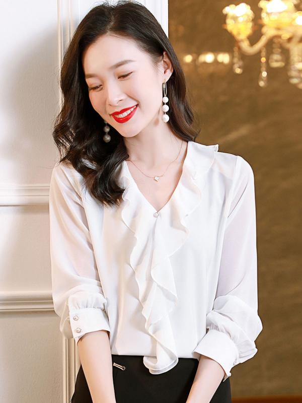 ブラウス レディース ブラック シフォン 長袖 通勤用 ビジネス トップス 軽量 通気性 春夏秋 スタイリッシュx2