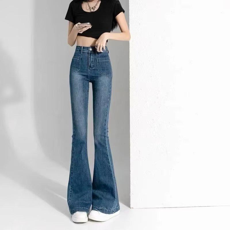 レディース デニムパンツ ハイウエスト ビンテージ 秋用 ロング丈 微フレア 小柄対応 スリム見え コーデしやすい ストレッチ デニム素材 細身シルエット 普段使い