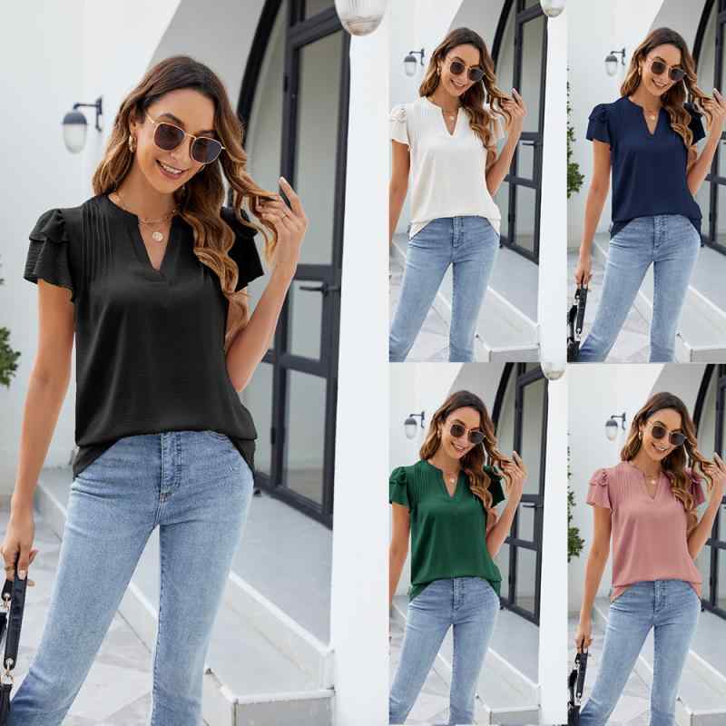 レディース 春夏 Vネック 半袖 Tシャツ 無地 フリル トップス ファッション 軽量 吸湿速乾 カジュアル 普段使い ブラック ホワイト ピンク系