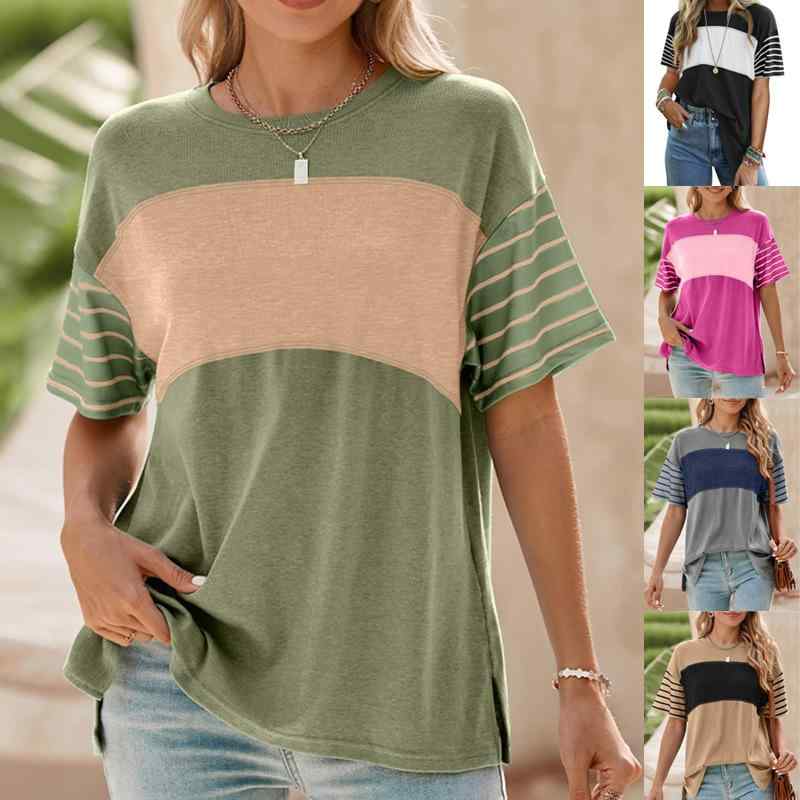 T-Shirts - Tシャツ レディース 春夏 丸首 カジュアル ストライプ 切り替え 半袖 コットン 吸湿速乾 軽量 ストレッチ 普段使い トップス