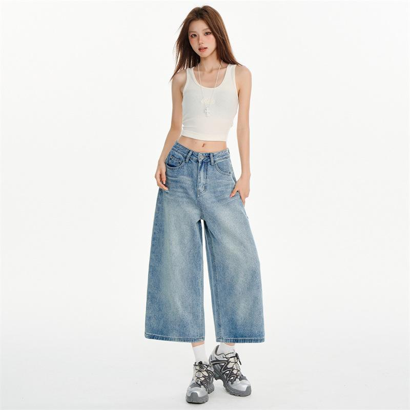 デニムパンツ レディース 夏用 ライトブルー ハイウエスト ワイドレッグ ルーズ ストレート 八分丈 スリム 普段使い デニム素材 伸縮性