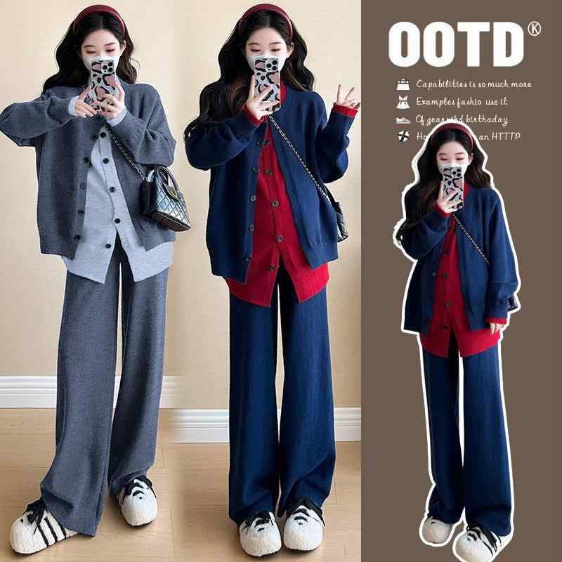 Blouses, Shirts - 妊婦服 秋冬 ゆったり シンプル コントラストカラー 切り替え ニットセーター ワイドレッグパンツ 2点セット マタニティ 伸縮性 快適 日常用 リラックススタイル