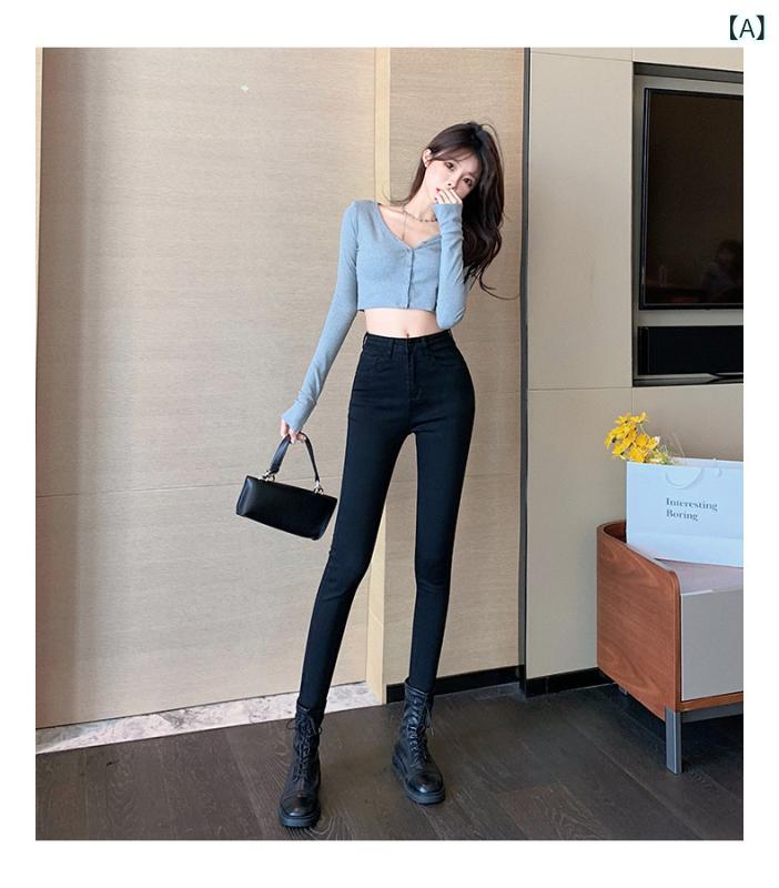 みやショップ楽天市場店のデニムパンツ レディース 秋冬 ハイウエスト ストレッチ 9分丈 スキニー ブラック 細見え 普段使い ペンシルシルエット 細脚 コットン混 フィット感 ボトムス｜アングル2