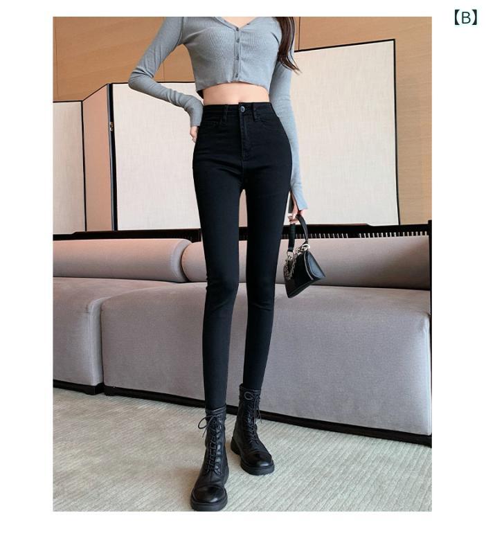 みやショップ楽天市場店のデニムパンツ レディース 秋冬 ハイウエスト ストレッチ 9分丈 スキニー ブラック 細見え 普段使い ペンシルシルエット 細脚 コットン混 フィット感 ボトムス｜アングル3