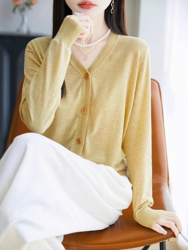 カーディガン レディース Vネック 長袖 薄手 ウール ニット 単色 ゆったり 韓国 軽量 柔らかい 素材 普段使い ルーズフィット スタイリッシュ