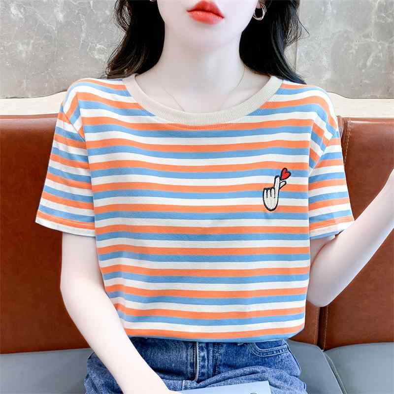 樂天商城 - トップス レディース 半袖 ストライプ 刺繍 綿 ゆったり カジュアル 夏 普段使い ベーシック スタイルアップ モダン 吸湿 速乾 軽やか リラックス コーディネート