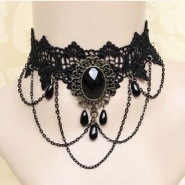 Choker - ネックレス ゴシック 黒 レース 水晶 ハンドメイド 鎖骨チェーン ダーク スタイル 欧米 アクセサリー ジュエリー チェーン 装飾品 クラシック 神秘的 デザイン
