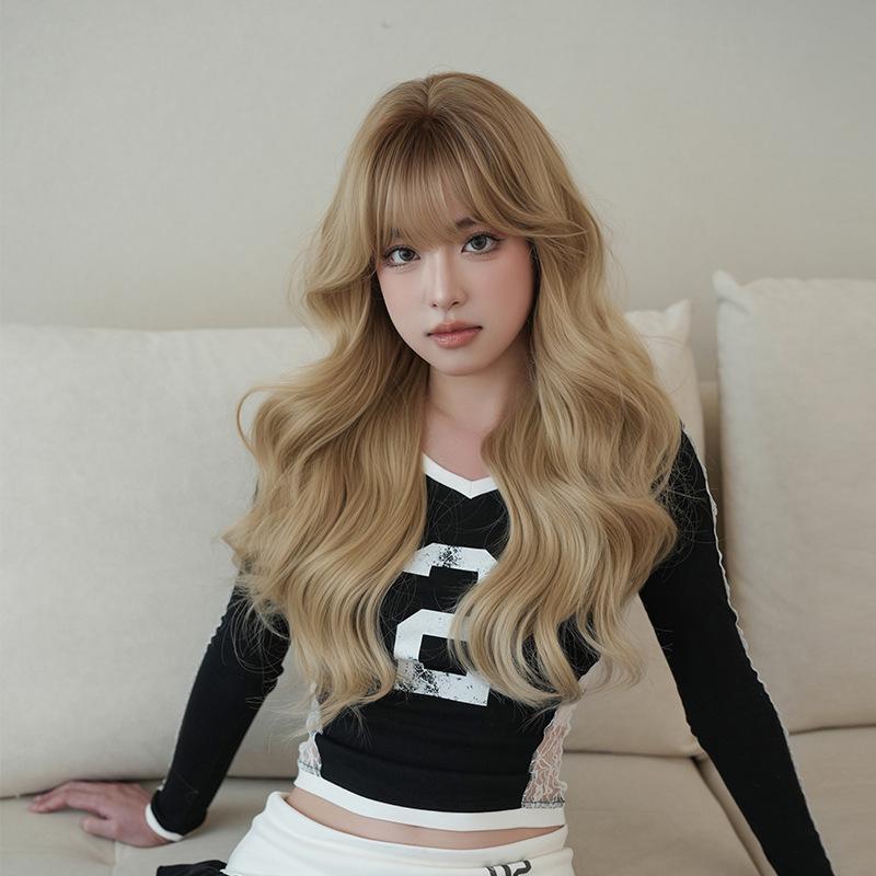 Extension - ウィッグ 女性用 ロング カール ミルクティーゴールド 全頭カバー 合成繊維 ナチュラル フルヘア 巻き髪 ライトブラウン系 日常使い 軽量 自然な質感