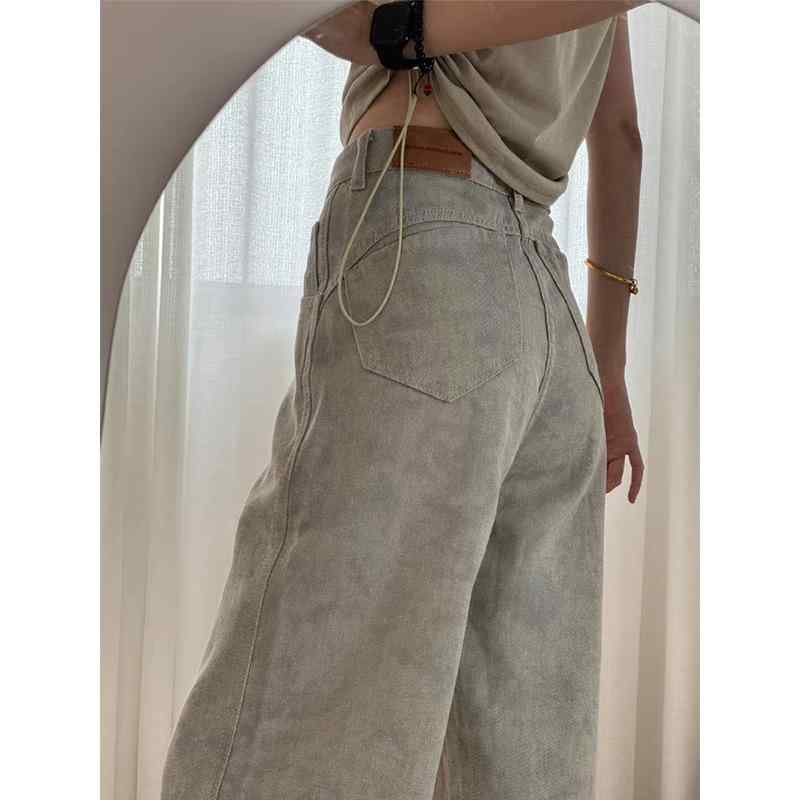 Cropped Pants - デニムパンツ レディース 夏 ハイウエスト タイダイ染め ワイドレッグ ゆったり ストレート ロング 大きめサイズ スリム効果 カジュアル デニム素材