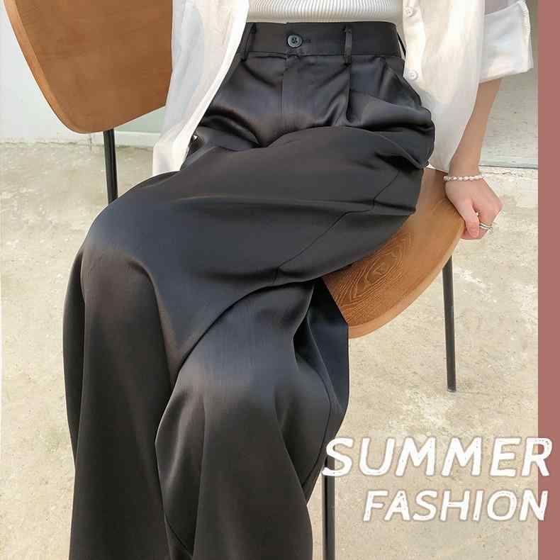 レディース ワイドパンツ 夏用 薄手 ハイウエスト ドレープ スーツ ストレート 接触冷感 サテン生地 女性用 ロング丈 カジュアル オフィス 軽量 伸縮性
