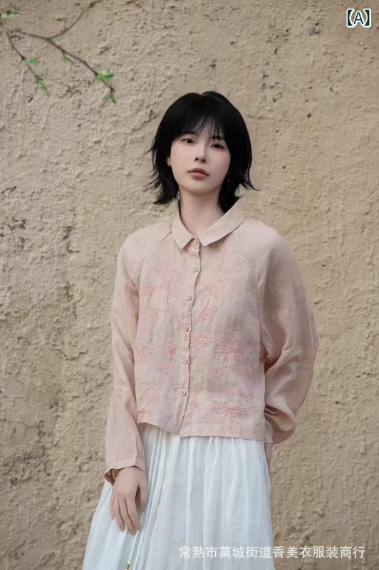 みやショップ楽天市場店のレディース 長袖 ラミー 刺繍 開襟 ブラウス 春夏 ゆったり スリム 軽量 通気性 フェミニン トップス 普段使い 綿混 再生繊維 スタンドカラー シルエット｜アングル2