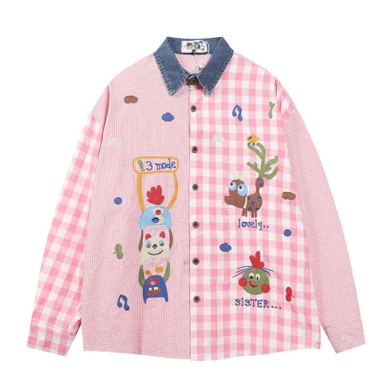シャツ レディース 長袖 ポップ刺繍 キャラクター チェック柄 ゆったり BFスタイル レトロ 春 カジュアル トップス