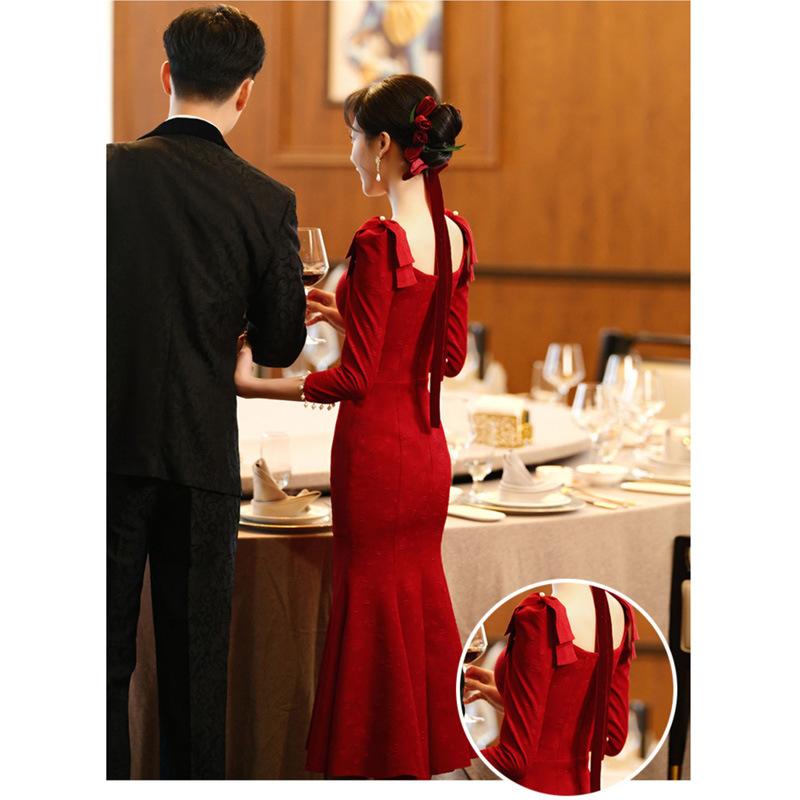 レディース ワンピース 敬酒ドレス 新婦 回門 礼服 高級感 ワインレッド フィッシュテール ロングスカート フォーマル エレガント スタイル