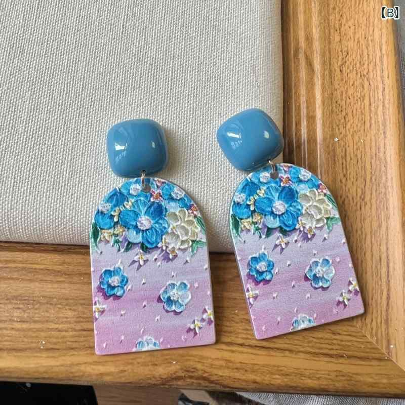 みやショップ楽天市場店のピアス レディース イヤリング アクリル 立体 花柄 フローラル 油絵 レトロ 景画 ブルー ピンク系 揺れるアクセサリー 小ぶり かわいい ガーリー フェミニン おしゃれ デザイン性 鮮やか 立体感 軽い プレゼント カジュアル オケージョン 個性｜アングル3