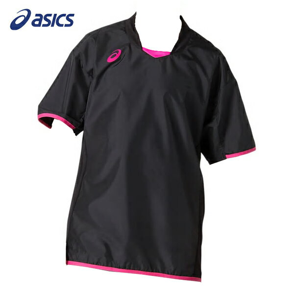アシックス　バレーボール　半袖ピステ　ハンソデウオームアップシャツ 　半袖　2053A056　002　パフォーマンスブラック×ピンクグロー