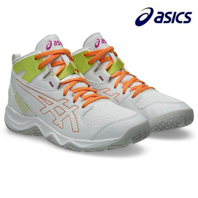 バスケットボールを始める最初の一歩をサポートするジュニアエントリーモデル。 つま先の動きとサポート性を高めながら成長期の足を支えるキッズ専用ラストを採用。 ミッドソールには自然な体重移動を促す構造と前足部の屈曲性を高める屈曲溝を配置し、筋力の発達していないジュニアの動きをサポート。 足首周りの内側は厚手のスポンジを採用、外側にはサポートパーツを搭載することで足首のフィット性と安定性を追求。 【メーカー】アシックス 【商品名】DUNKSHOT MB 10 【品番】1064A019 【カラー】ホワイト×サンピーチ(103) 【素材】 アッパー/合成繊維、人工皮革(合成皮革) アウトソール/ゴム底 インナーソール/合成樹脂(取替式)　