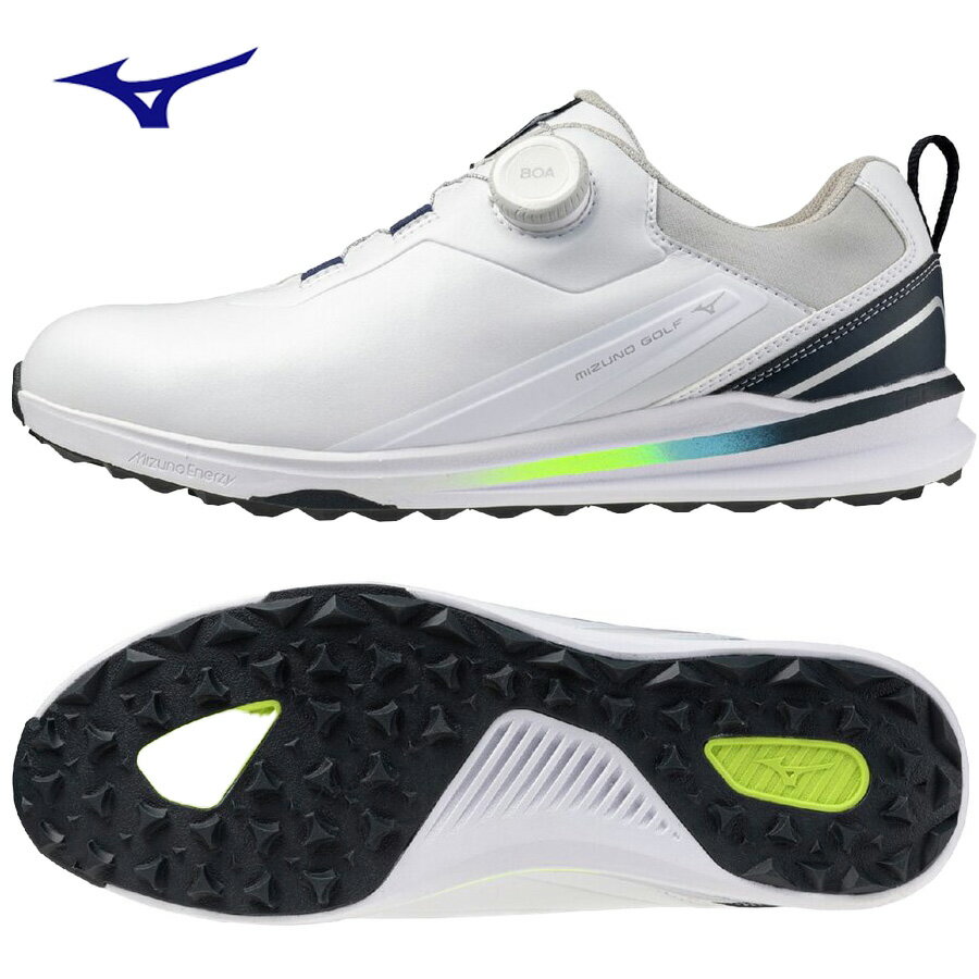 MIZUNO - ミズノ　スパイクレス　ゴルフシューズ　スパイク　ネクスライトエナジーII ワイド ボア　防水　51GQ2641　01　ホワイト×ブルー×イエロー