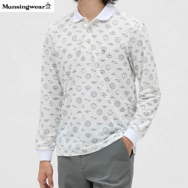 マンシングウェア ゴルフポロシャツ長袖 ゴルフウエア ロゴ総柄プリント 長袖ポロシャツ MG5FLS80M ホワイト 送料無料