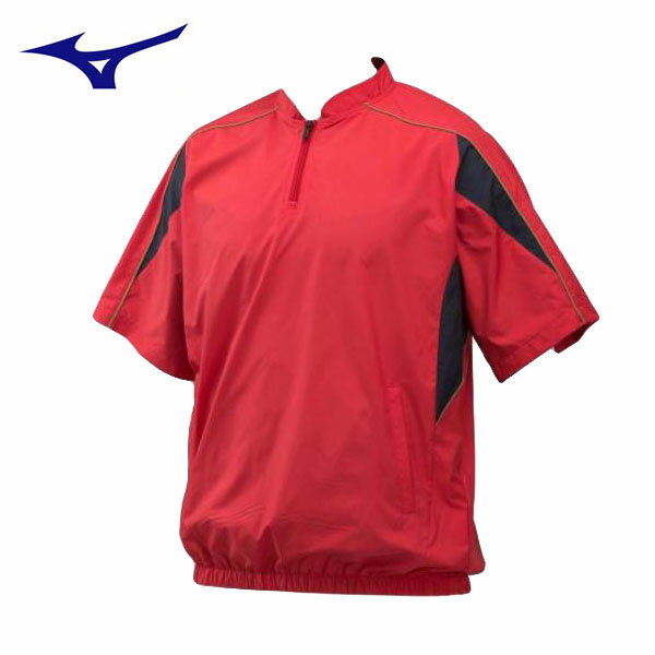 ミズノ　野球半袖ジャケット　ハーフジップジャケット　12JE9V3462　レッド×ネイビー