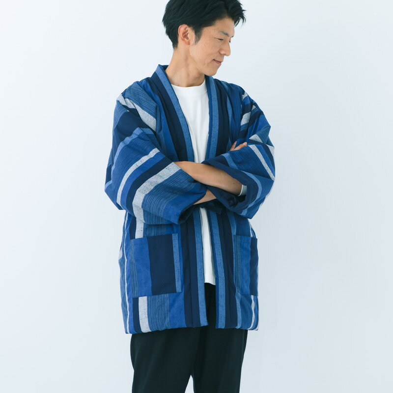 【送料込】宮田織物 はんてん 半纏 藍調 あいちょう【普通サイズ】メンズ レディース 日本製 冬 長袖 中わた綿80%・ポリエステル20% カツヲ縞/紺白大縞/小縞/黒茶縞/赤大縞/赤小縞