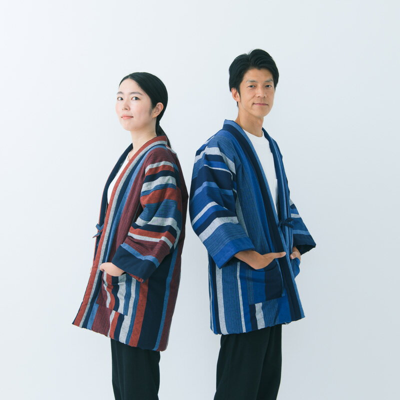【送料込】宮田織物 はんてん 半纏 藍調 あいちょう【普通サイズ】メンズ レディース 日本製 冬 長袖 中わた綿80%・ポリエステル20% カツヲ縞/紺白大縞/小縞/黒茶縞/赤大縞/赤小縞